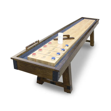 Hathaway Cheyenne shuffleboard table with rustic hardwood frame, red and blue pucks, abacus scorer, and can of shuffleboard speed wax.