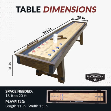 Dimension diagram of Hathaway Cheyenne shuffleboard table showing 145 inches in length, 25 inches in width, and 31 inches in height; 11-foot playfield.