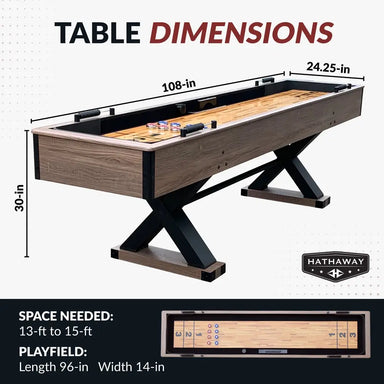 Diagram showing the Excalibur shuffleboard table dimensions: 108 inches long, 24.25 inches wide, and 30 inches tall with a 96 x 14 inch playfield.
