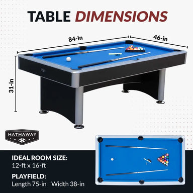 Infographic displaying dimensions of Hathaway pool table—84 inches long, 46 inches wide, and 31 inches high—with recommended room size of 12x16 feet and a 75x38 inch playfield.
