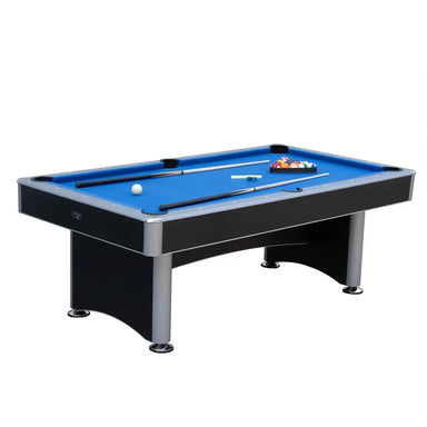Angled side view of Hathaway pool table with blue felt surface, cue sticks, triangle rack, chalk, and white cue ball set up for gameplay.