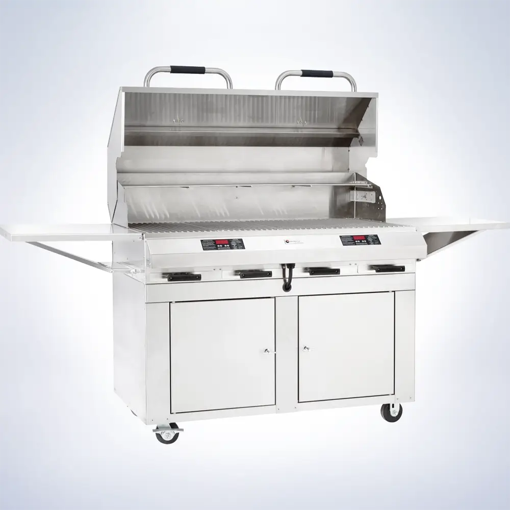 Diamond 48 Closed-Base Electric Grill -Angled View with Side Shelves