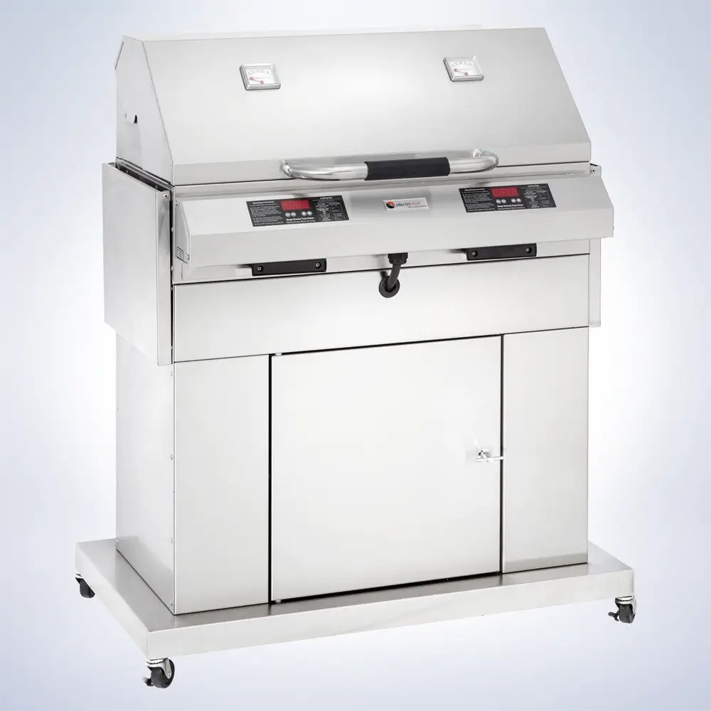 Closed View of ElectriChef Ruby 32-Inch Outdoor Electric Grill – Heavy-duty commercial-grade stainless steel with rolling casters.