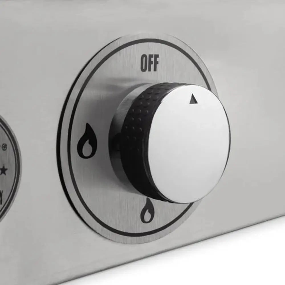 Close-up of control knob with flame settings on Le Griddle stainless steel griddle.