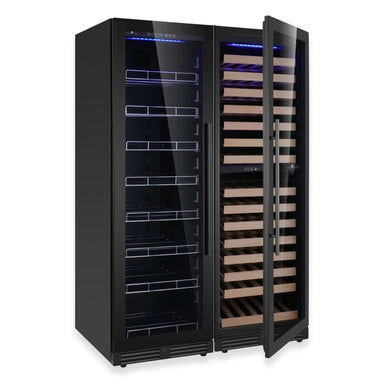 Angled view of KingsBottle KBU425BW3 beverage cooler with black glass door, showing built-in handle and contemporary design.