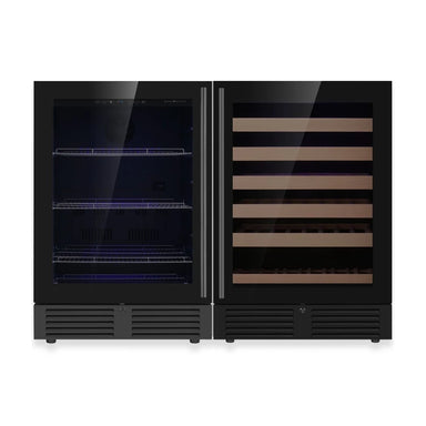 KingsBottle KBU145BW2 wine fridge with borderless black glass door design.