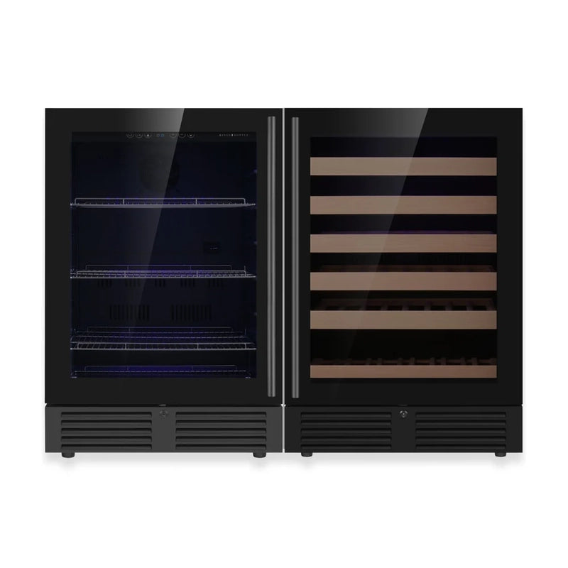 KingsBottle KBU145BW2 wine fridge with borderless black glass door design.