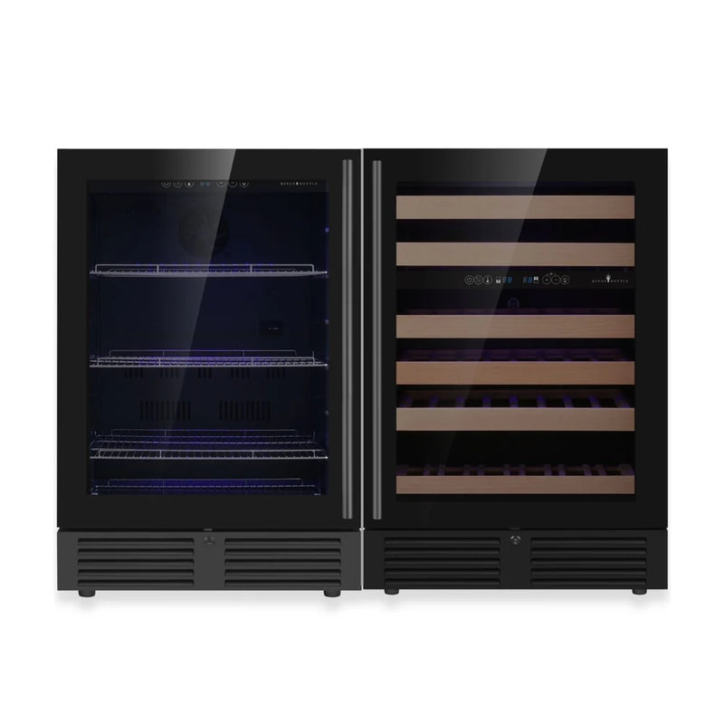 KingsBottle KBU145BW3 dual-zone cooler with a black border glass door, beverage section stocked and wine side with wooden shelves.
