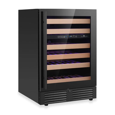 KingsBottle KBU145DX wine fridge with black framed glass door and beech wood shelves, shown at an angled view with purple interior lighting.