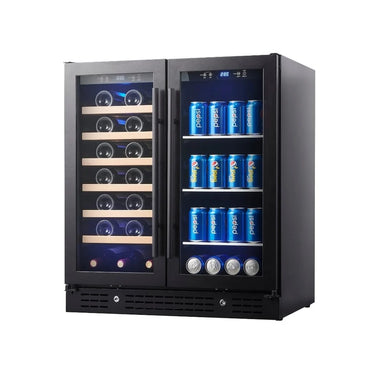 KingsBottle KBU165BW beverage and wine fridge with dual black-framed glass doors, filled with wine bottles and Pepsi cans.