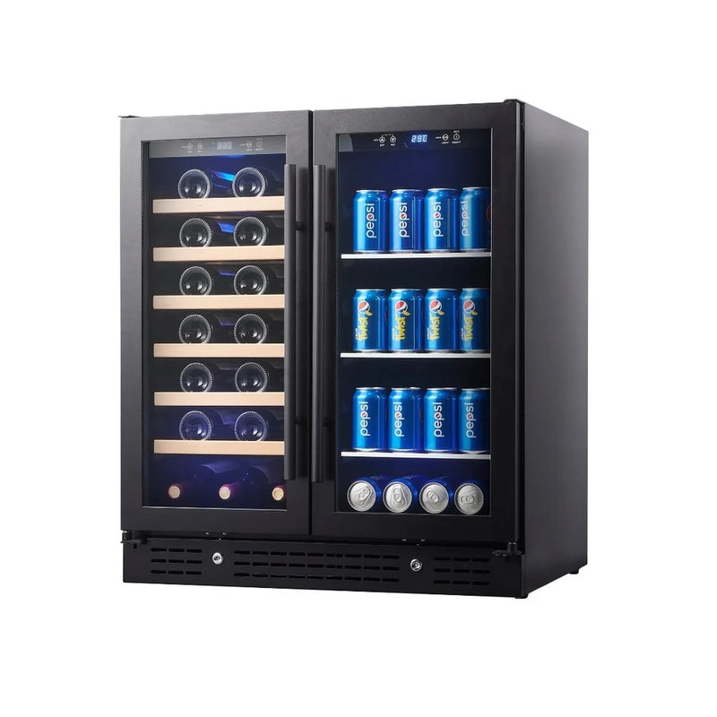 KingsBottle KBU165BW beverage and wine fridge with dual black-framed glass doors, filled with wine bottles and Pepsi cans.