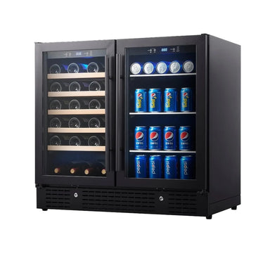 KingsBottle KBU190BW beverage cooler with black framed glass doors, empty interior view.