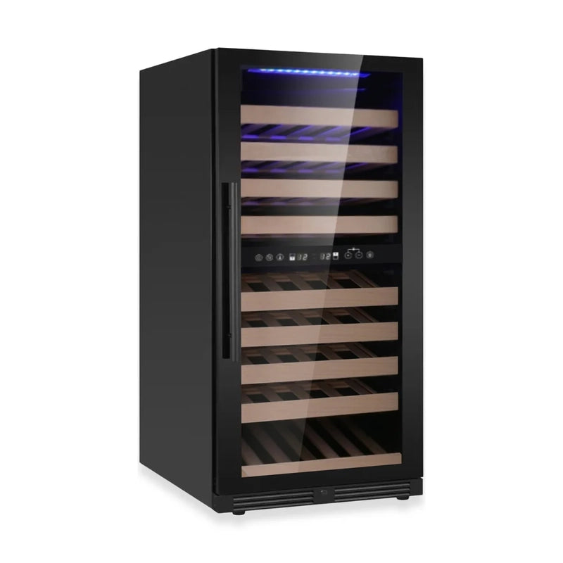 KingsBottle KBU265DX dual zone wine fridge with black glass door, angled view showing sleek design and beech wood shelves.