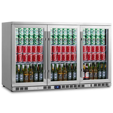 KingsBottle KBU328M stainless steel triple-door under-counter beverage fridge with digital temperature display.