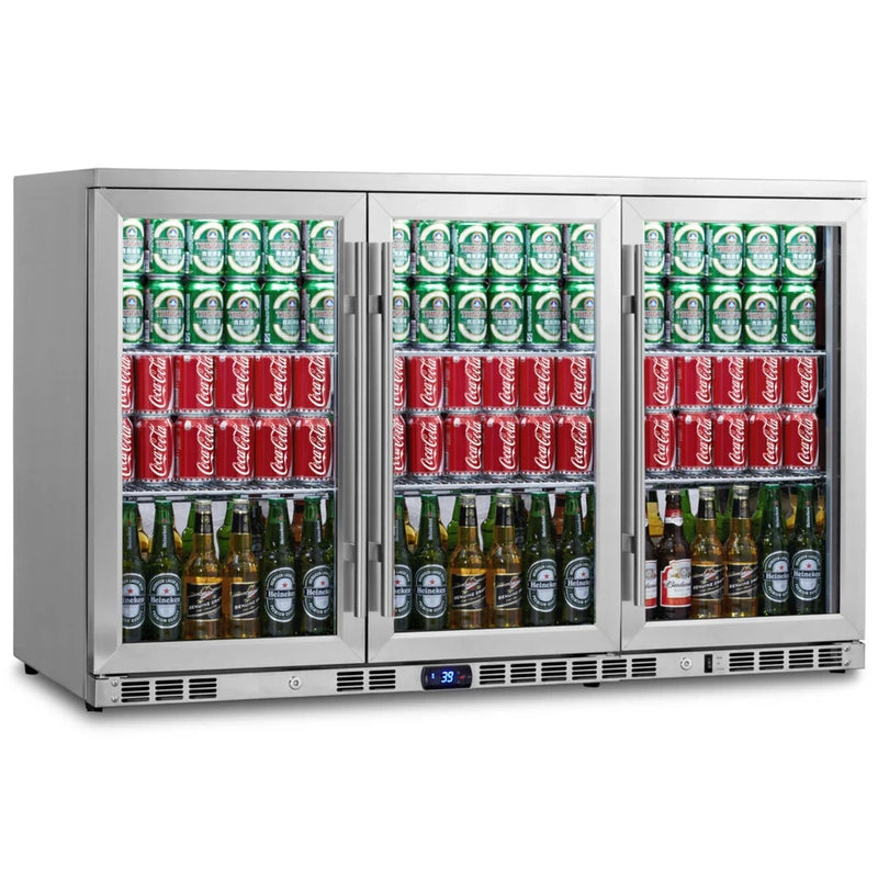 KingsBottle KBU328M stainless steel triple-door under-counter beverage fridge with digital temperature display.