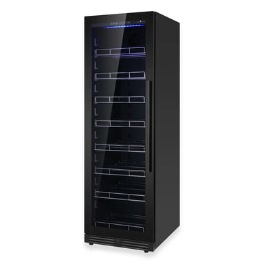 KingsBottle KBU425BX beverage refrigerator with black glass door and stainless steel handle, angled view"