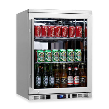 KingsBottle KBU55M beverage fridge with right-hand hinge, angled view showing glass door and stocked interior.