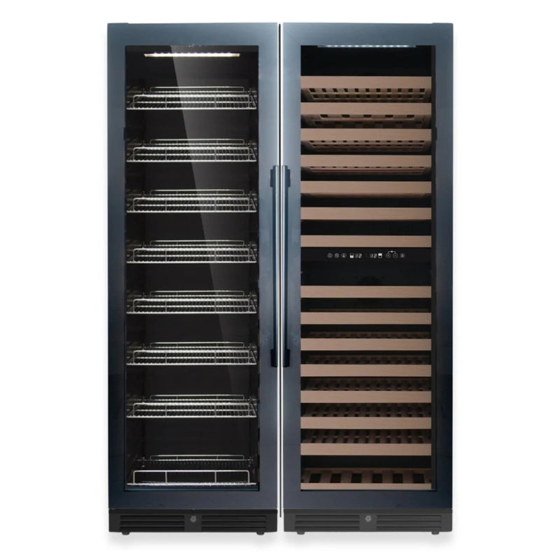 Front view of KingsBottle KBU425BW3 beverage cooler featuring a black glass door and illuminated interior.