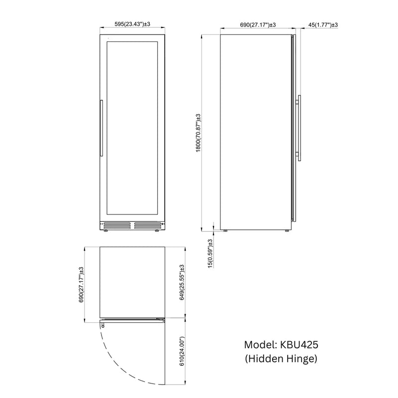 Technical dimension diagram of the KingsBottle KBU425BW3 beverage cooler, showing detailed measurements and door swing radius for built-in installation.