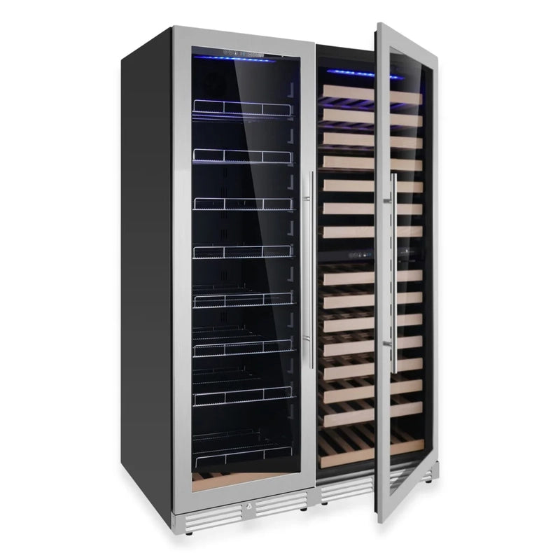 Angled view of the KingsBottle KBU425BW3 beverage cooler with stainless steel door, highlighting modern design and LED interior lighting.