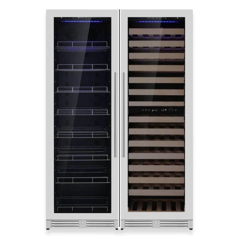 Front view of the KingsBottle KBU425BW3 beverage cooler with stainless steel door and glass front showcasing interior shelves.