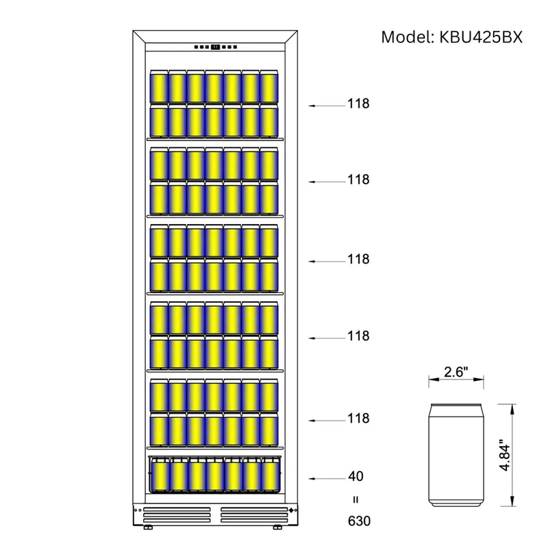 KingsBottle KBU425BW3 beverage cooler storage layout displaying can capacity and arrangement per shelf.