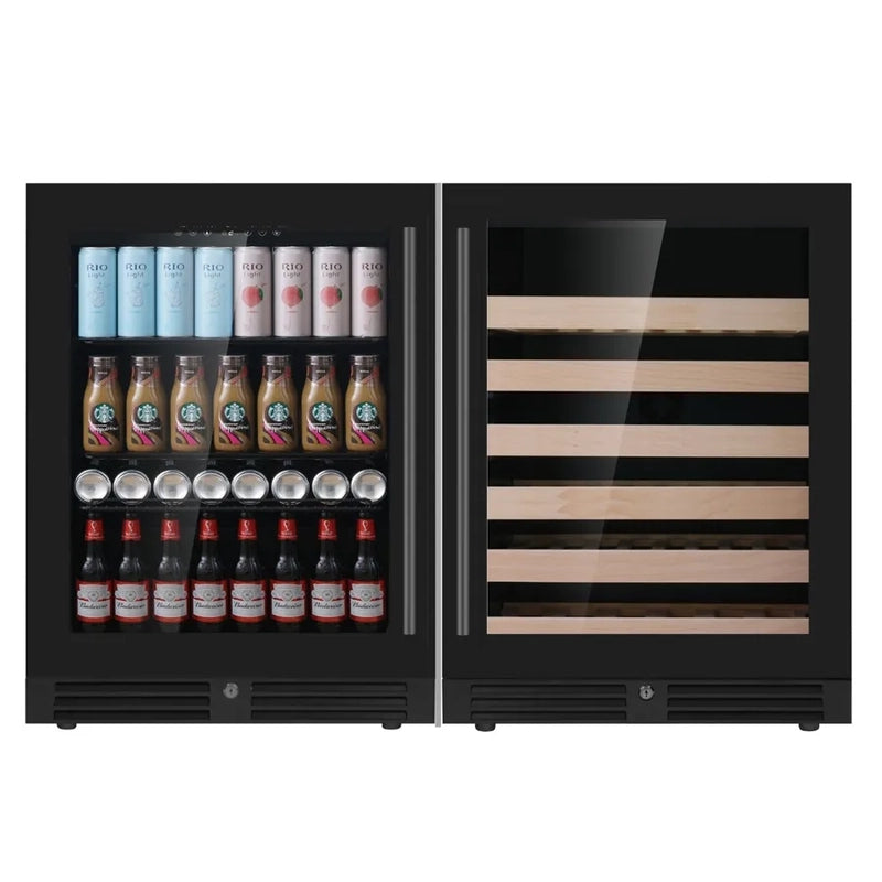 KingsBottle KBU56M beverage and wine fridge with borderless black glass door, showing stocked left beverage section and right wine section with wooden shelves.