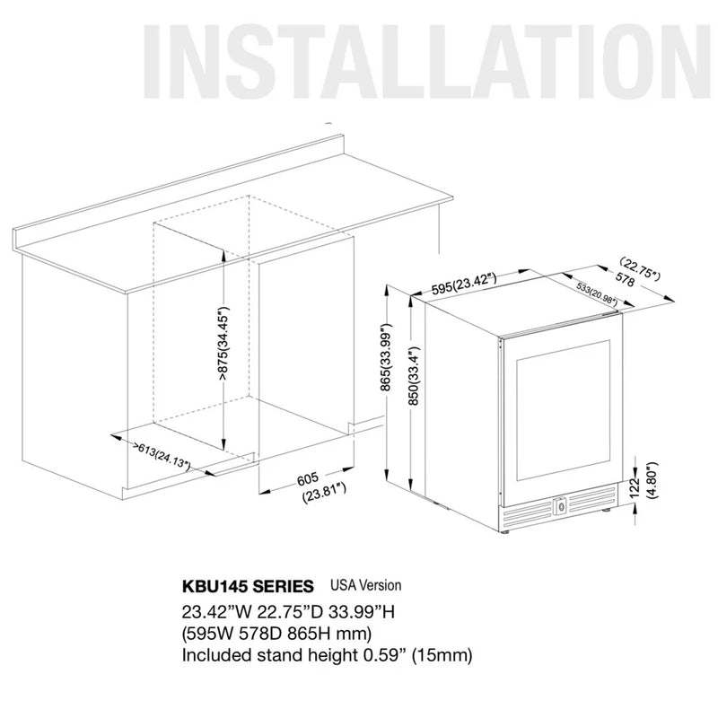 KingsBottle KBU145BW2 installation diagram showing cutout dimensions for built-in placement.