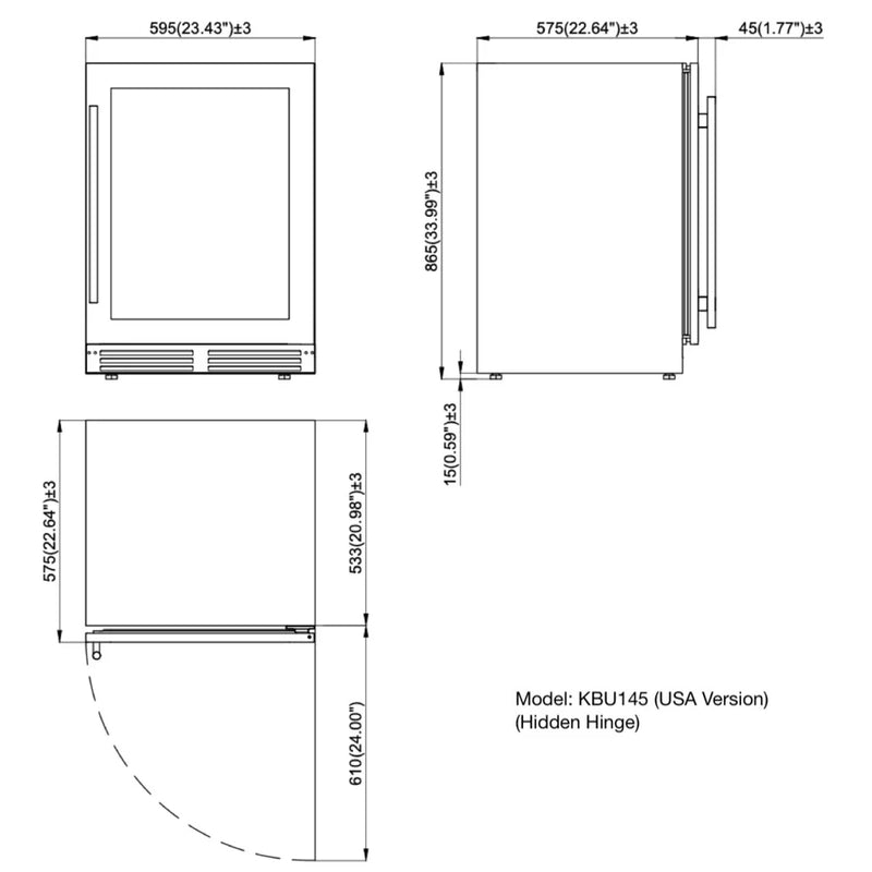 KingsBottle KBU145BW3 technical dimension diagram showing width, depth, and height measurements in millimeters and inches.