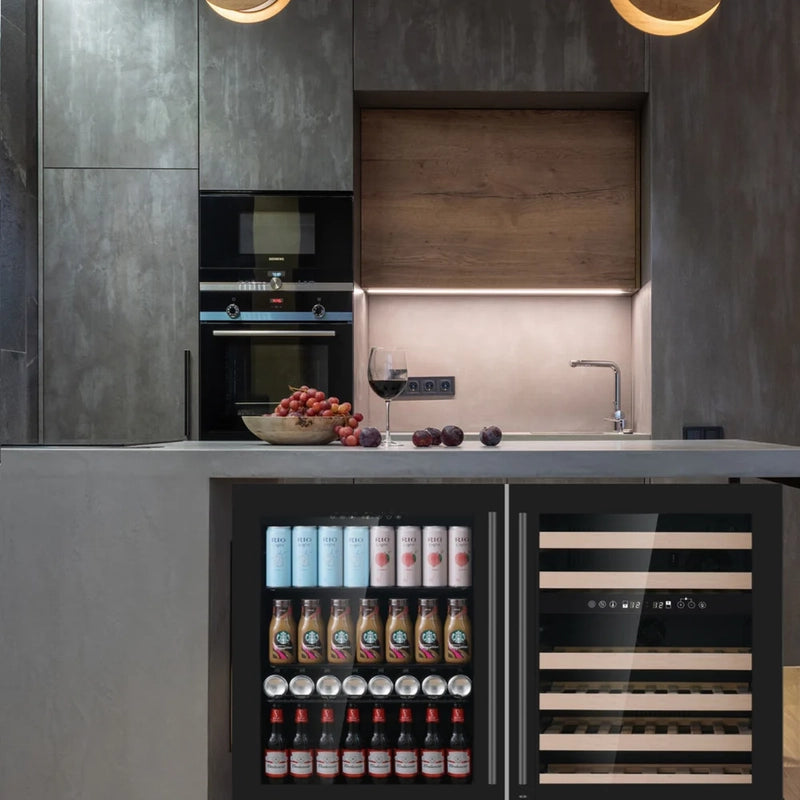 KingsBottle KBU145BW3 beverage and wine fridge seamlessly integrated into a modern kitchen island setup with stylish decor.