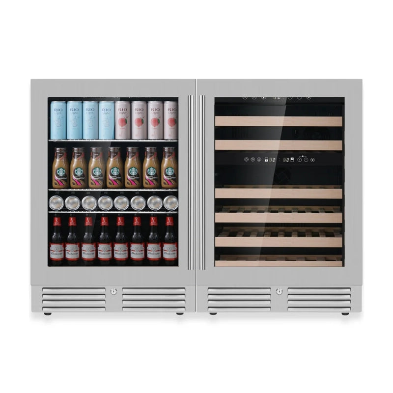 KingsBottle KBU145BW3 dual-zone beverage and wine cooler featuring a stainless steel frame and double glass doors with wooden shelves inside.
