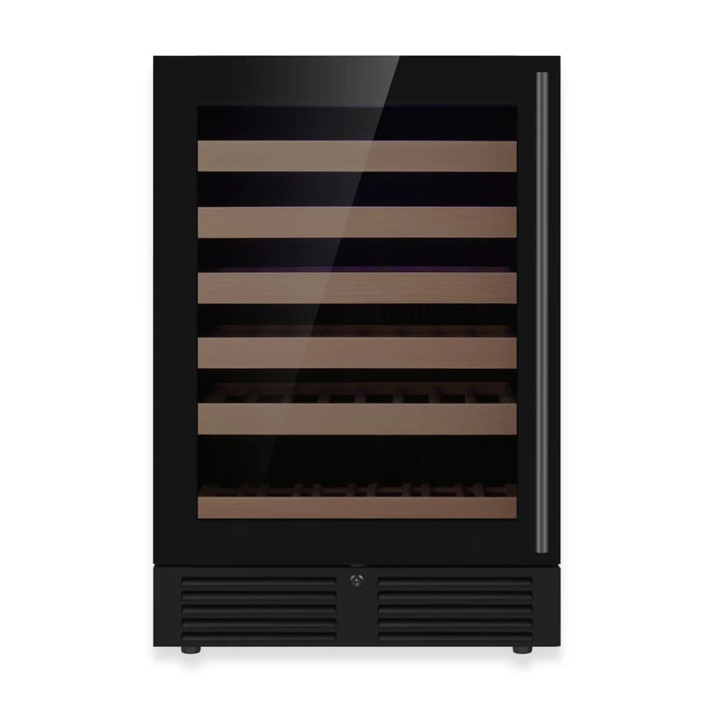 KingsBottle KBU145DX wine fridge with black door, highlighting the left hinge detail for seamless built-in integration.