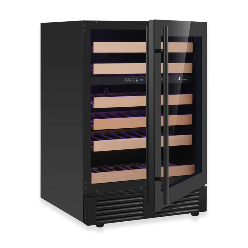 KingsBottle KBU145DX wine fridge with black door, showcasing the right hinge configuration for built-in installation.