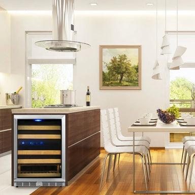 KingsBottle KBU145DX wine fridge installed in a modern kitchen island, blending seamlessly with the cabinetry and décor.