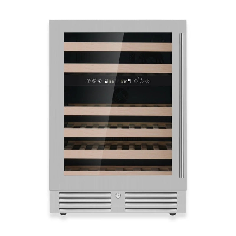 KingsBottle KBU145DX wine fridge with stainless steel framed door featuring left hinge design.