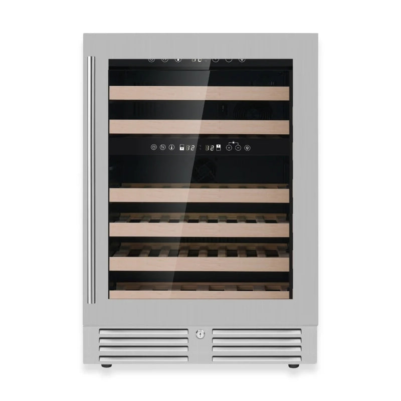KingsBottle KBU145DX wine fridge with stainless steel framed door showcasing right hinge build.
