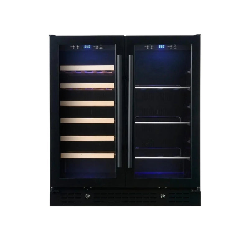KingsBottle KBU165BW black dual-zone beverage and wine fridge, front view with glass doors, wooden wine racks, and metal beverage shelves.