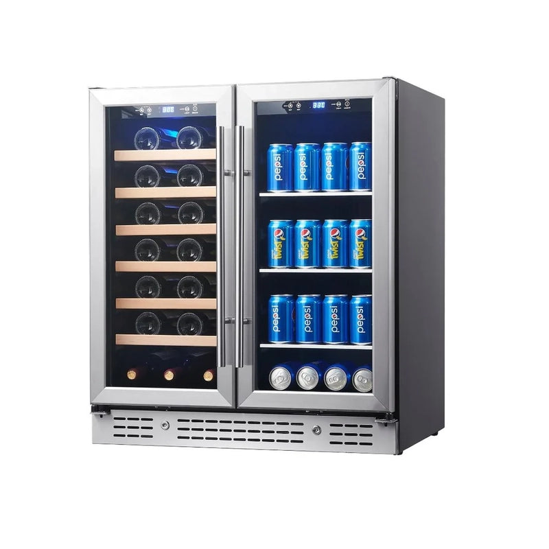 KingsBottle KBU165BW dual-zone beverage and wine fridge in stainless steel finish with glass doors.