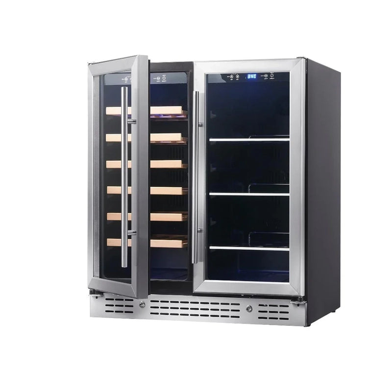 KingsBottle KBU165BW beverage and wine fridge with stainless steel dual doors open, showing wooden wine shelves and beverage racks.