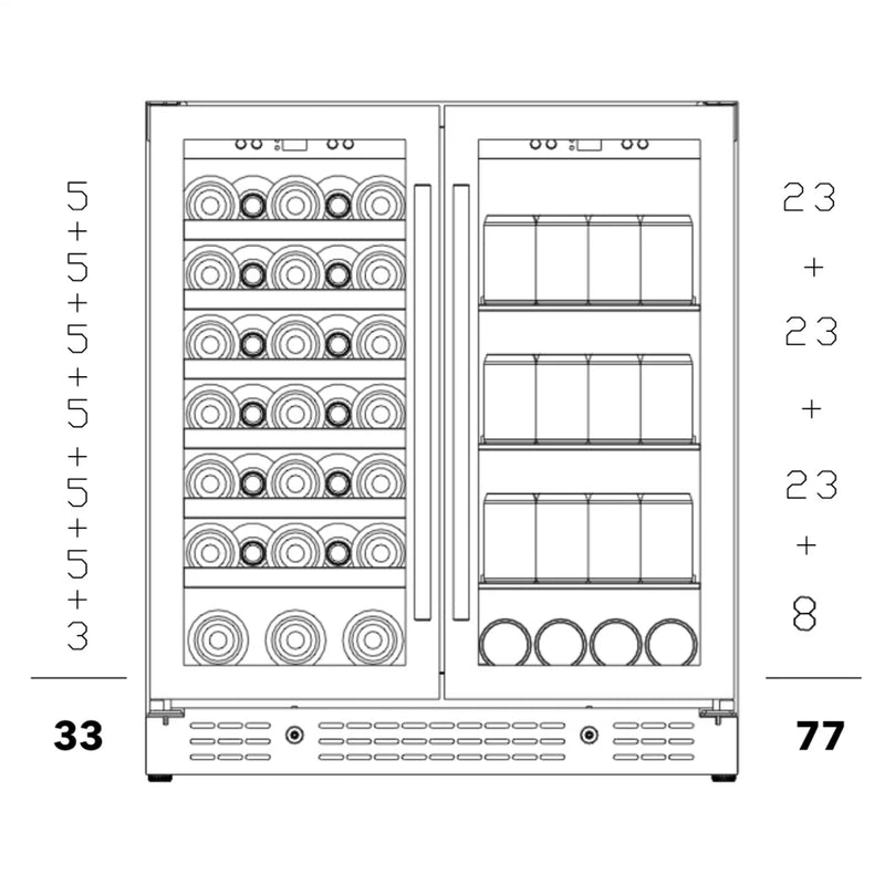KingsBottle KBU165BW storage diagram showing wine bottle and beverage can capacities in dual compartments.