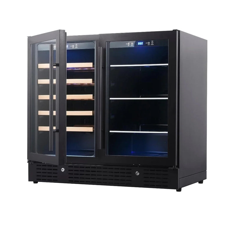 KingsBottle KBU190BW beverage cooler with black double doors open, showing wooden shelves on the left and glass shelves on the right.