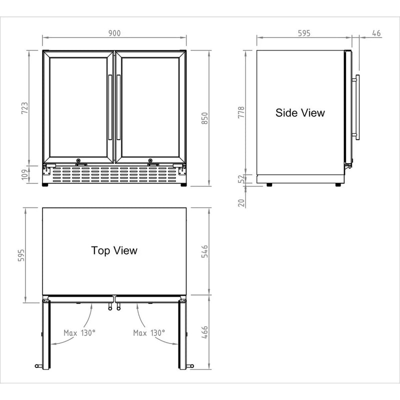 KingsBottle KBU190BW technical drawing with detailed dimensions for width, height, depth, and door swing angles.