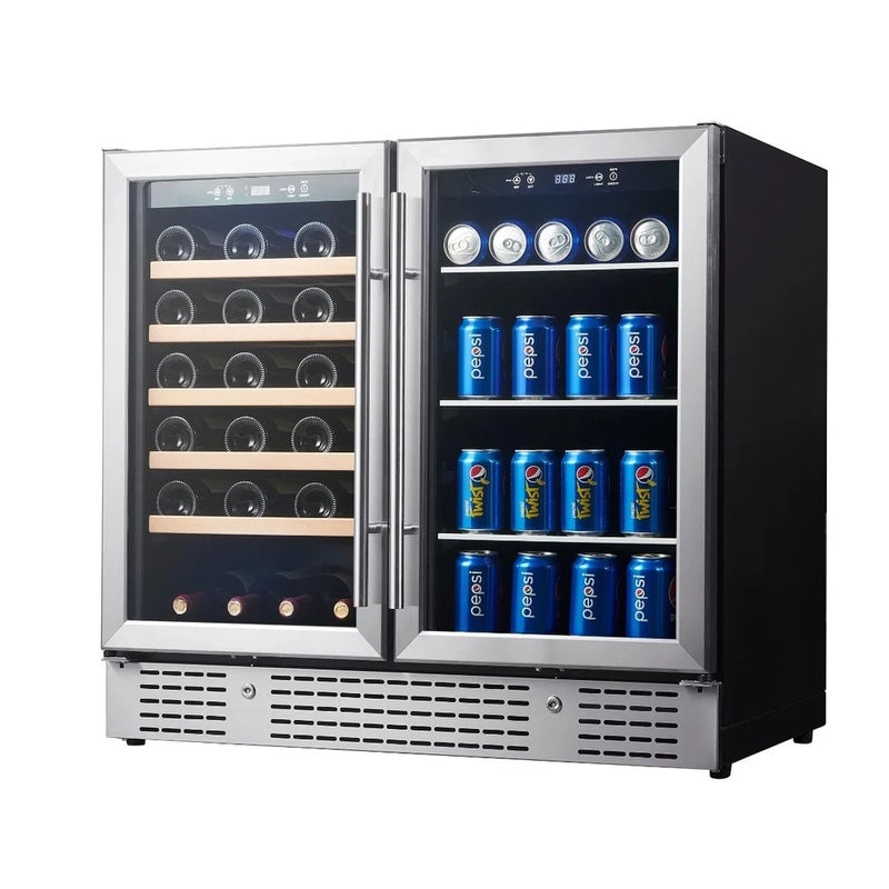 KingsBottle KBU190BW dual-zone beverage and wine cooler with stainless steel doors, angled view.