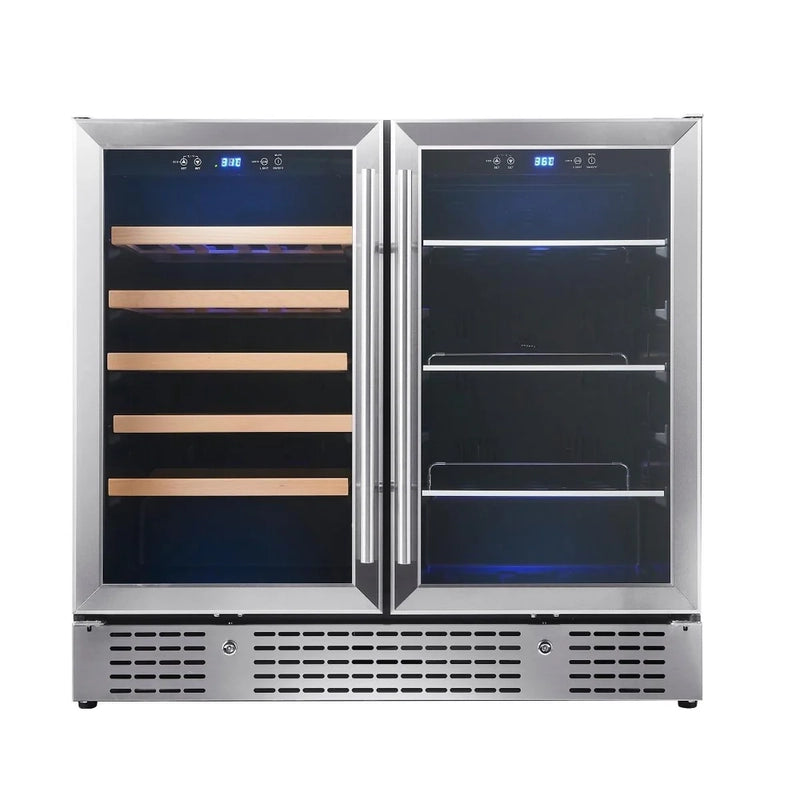 KingsBottle KBU190BW beverage cooler front view with stainless steel framed glass doors, empty interior.