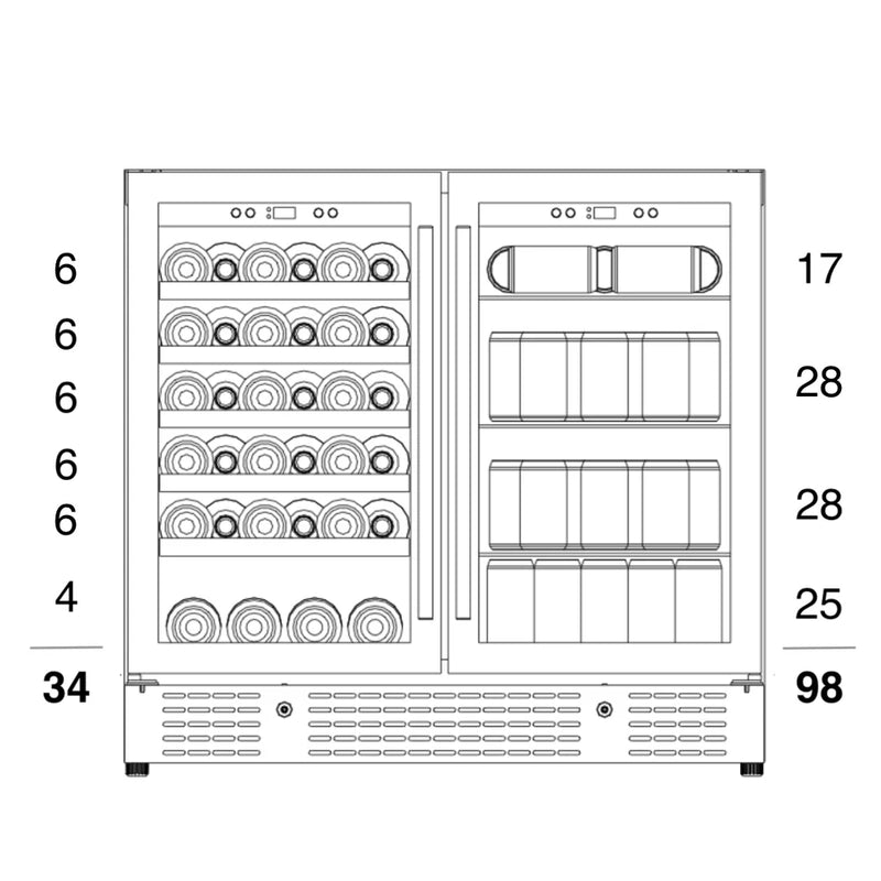 KingsBottle KBU190BW technical storage diagram showing capacity for 34 wine bottles on the left side and 98 beverage cans/bottles on the right side, with detailed shelf quantities labeled.