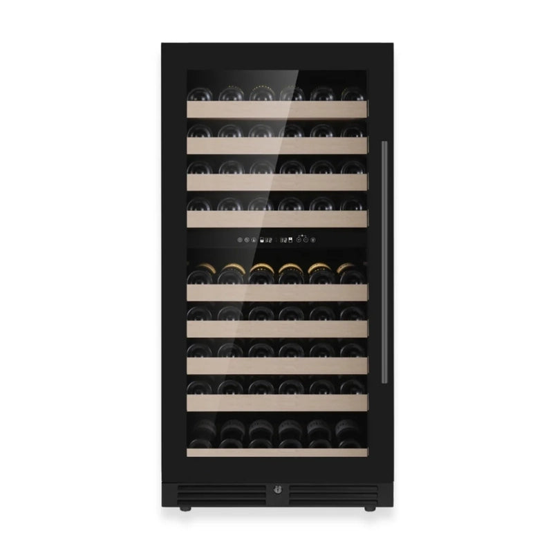 KingsBottle KBU265DX wine fridge with black glass door and left hinge configuration, displaying modern minimalist handle.