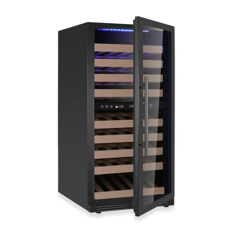 KingsBottle KBU265DX wine cooler with black glass door and right hinge design, featuring a vertical handle for easy access.