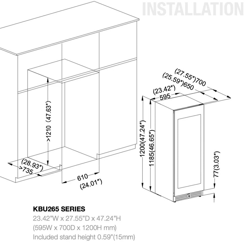 KingsBottle KBU265DX built-in wine fridge cutout diagram showing cabinet installation dimensions and clearance.