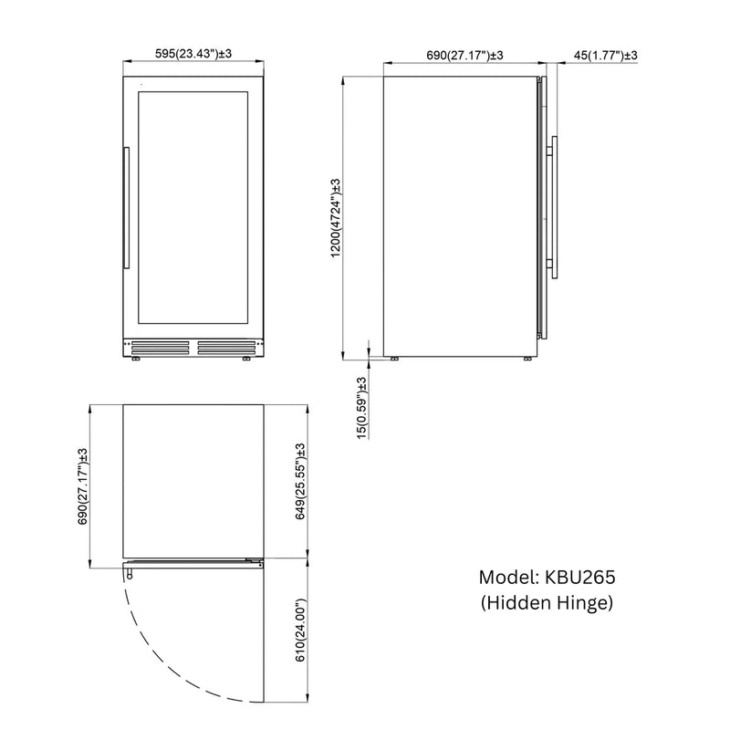 KingsBottle KBU265DX wine fridge technical dimensions diagram with width, depth, and height measurements for built-in installation.