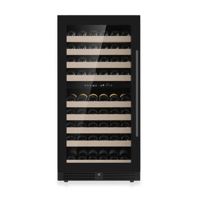 KingsBottle KBU265DX dual zone wine fridge front view with black glass door, filled with wine bottles on wooden shelves.